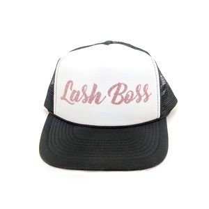Lash Boss rose gold glitter on b/w trucker hat